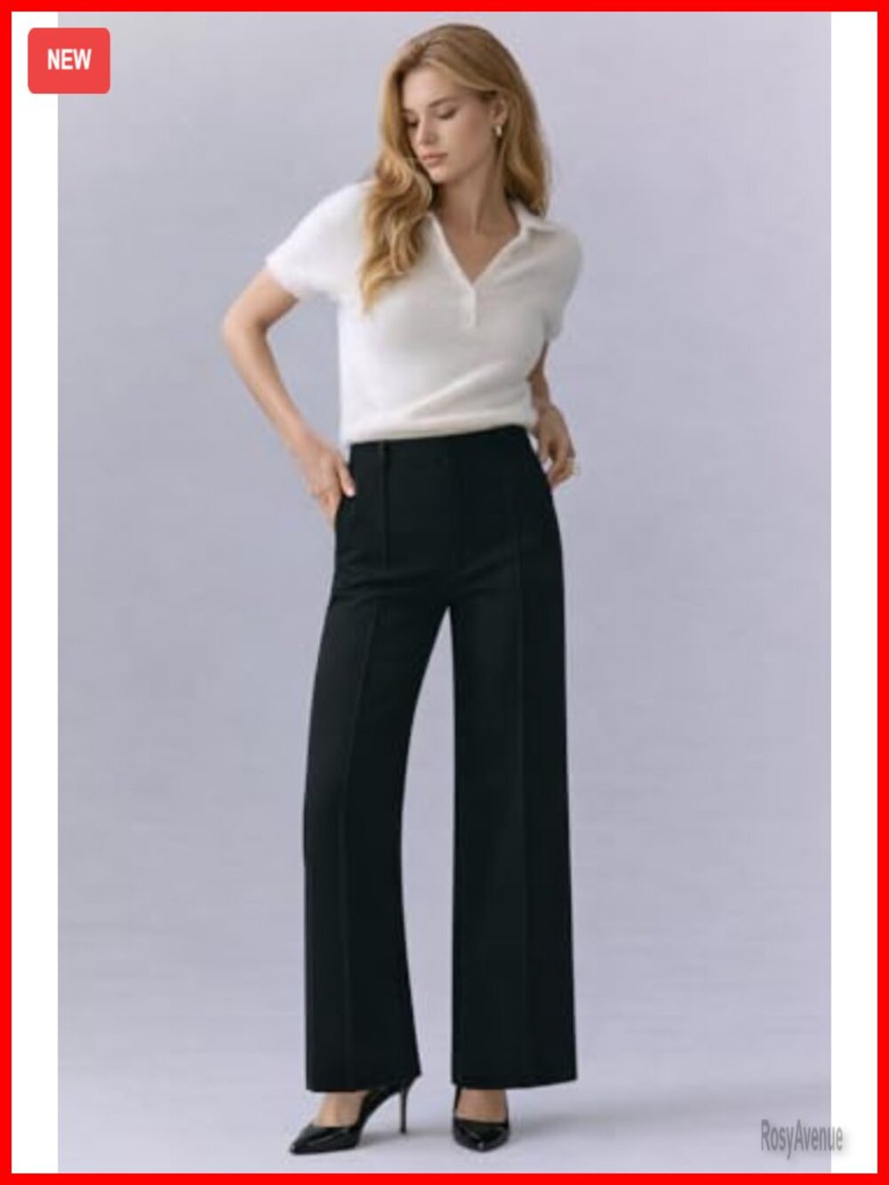 Wide Leg Dress Pants Stretchy Pull On High Waisted Slacks with Pockets - Picture 3 of 7